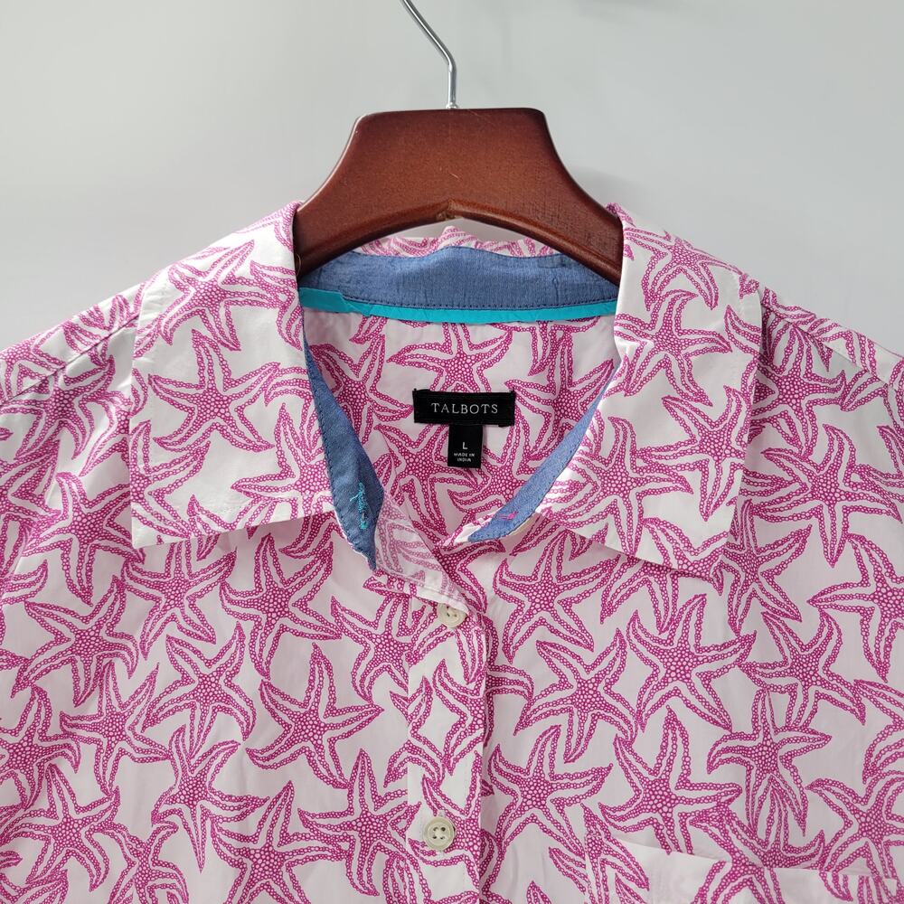 Talbots Womens Starfish Shirt Large Pink White Button Down Long Sleeve Beach - Picture 8 of 13